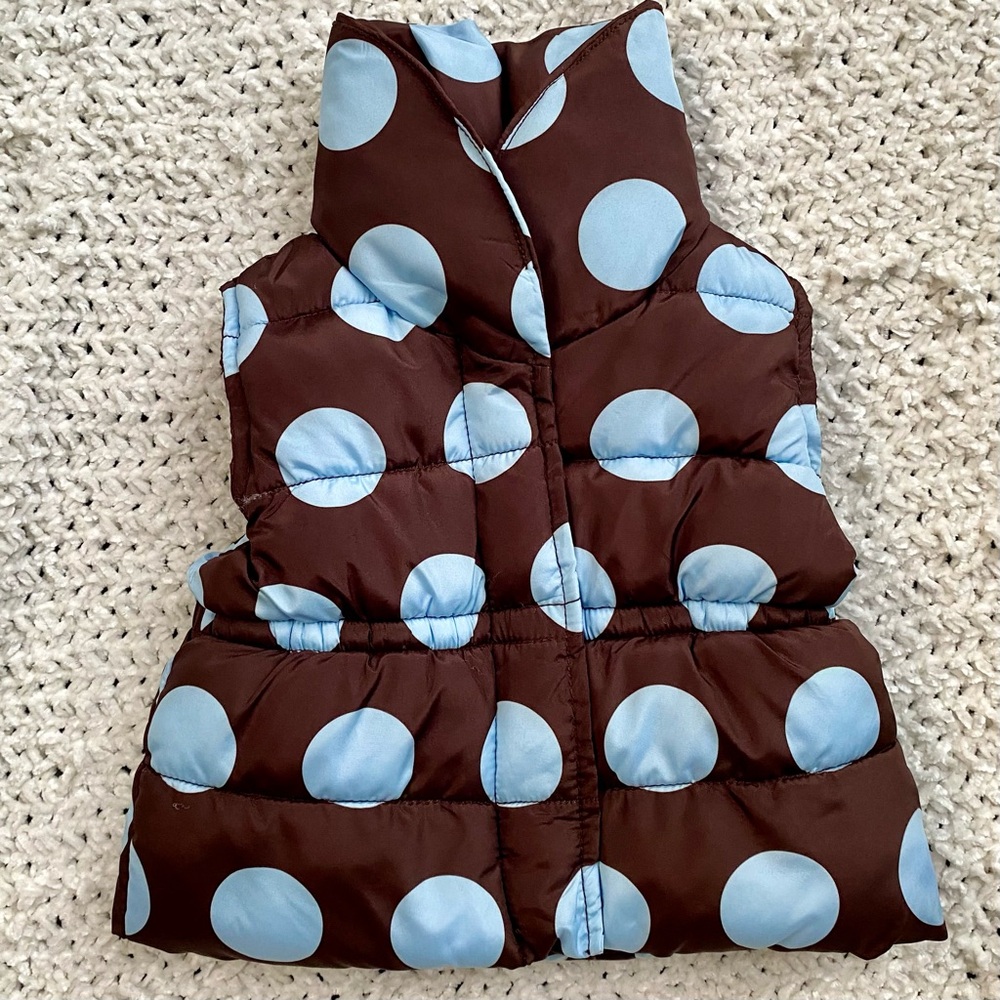Gymboree Polka Dot Puffer Vest Java Brown Sky Blue Dots 2010 EUC Sz 6-12 Months